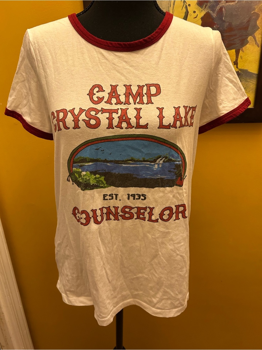 Women’s Friday the 13th Vintage Look Camp Crystal Lake Ringer Fitted Tee Sz M